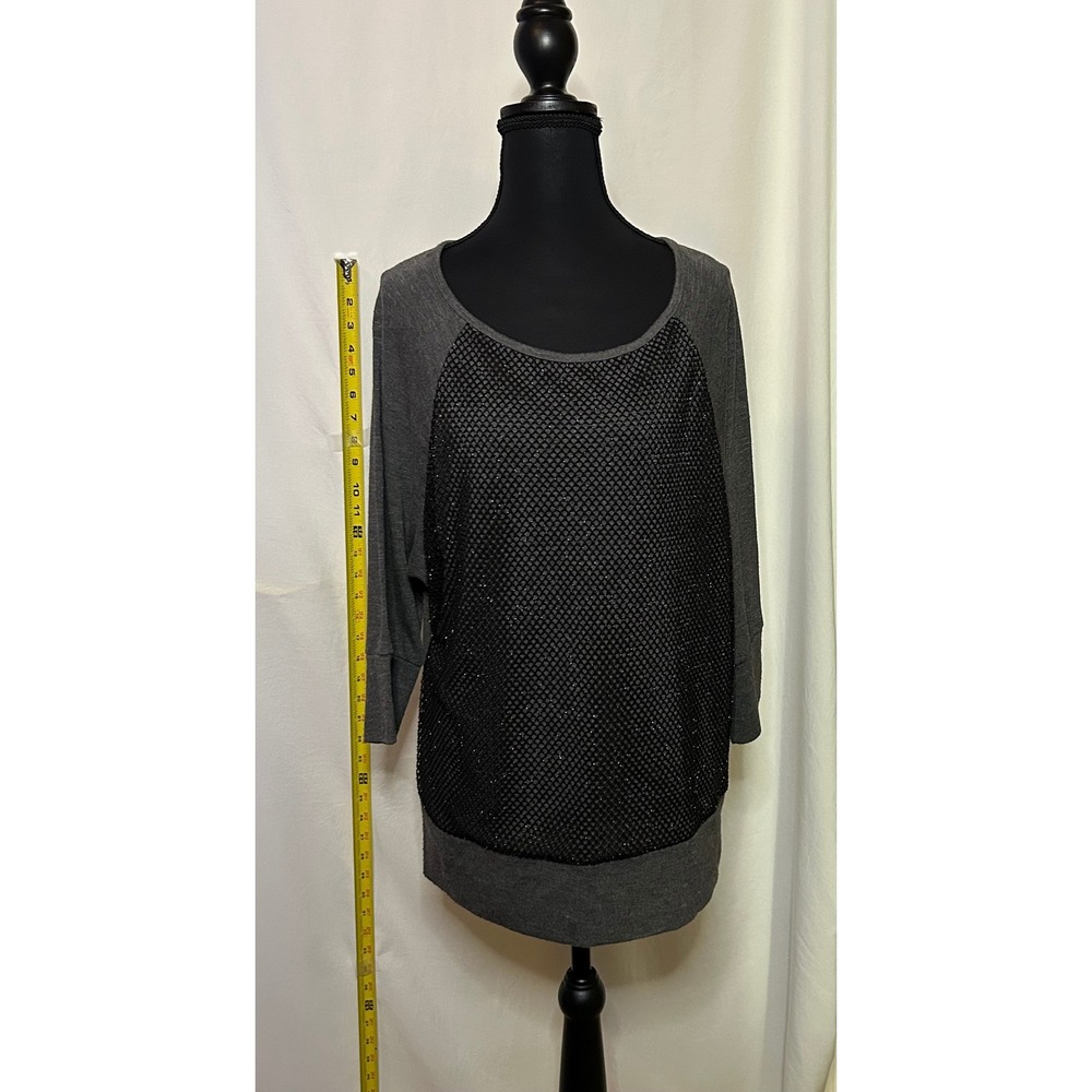 AB Studio Grey 3/4 Sleeve Scoop Neck‎ Embellished Front Top Blouse Women's